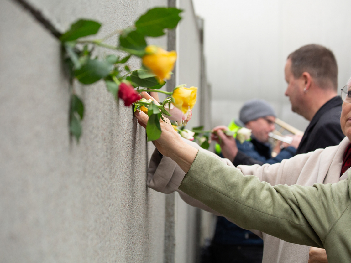 Rosen werden in die Mauer gesteckt